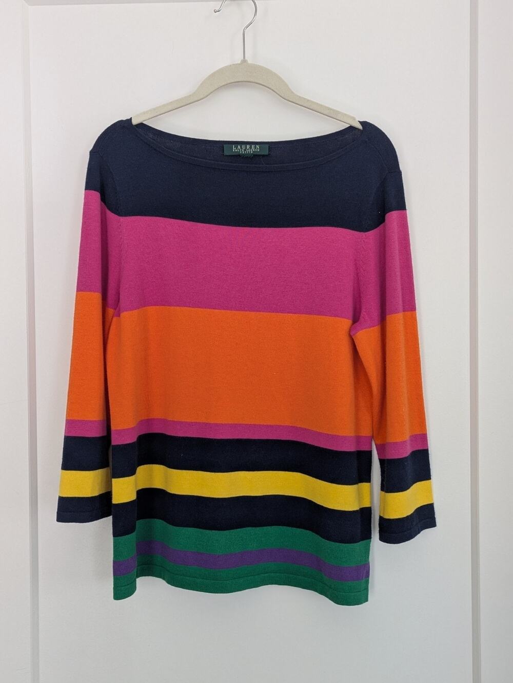 Lauren Ralph Lauren S/P Striped Sweater Boat Neck Mod 3/4 Sleeve Vibrant Rainbow